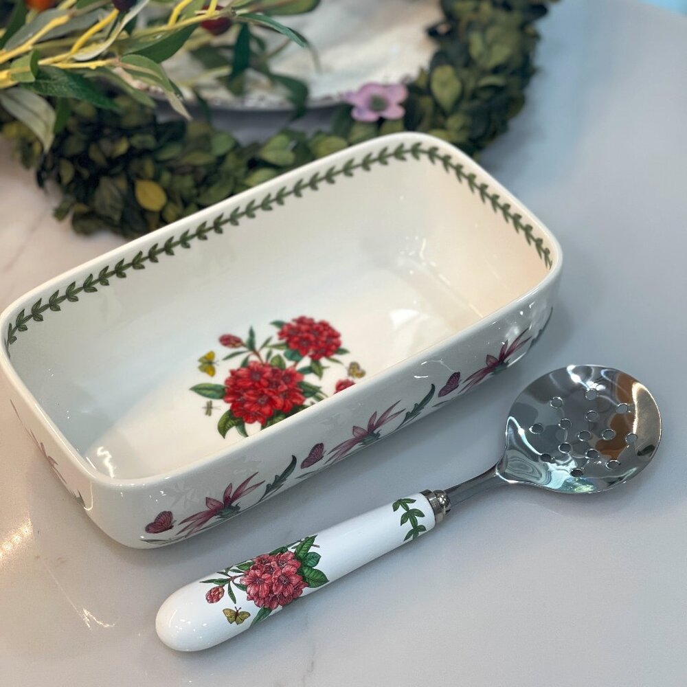 Botanical Garden Cranberry Dish with Slotted Spoon, 2-Piece Set-NEW